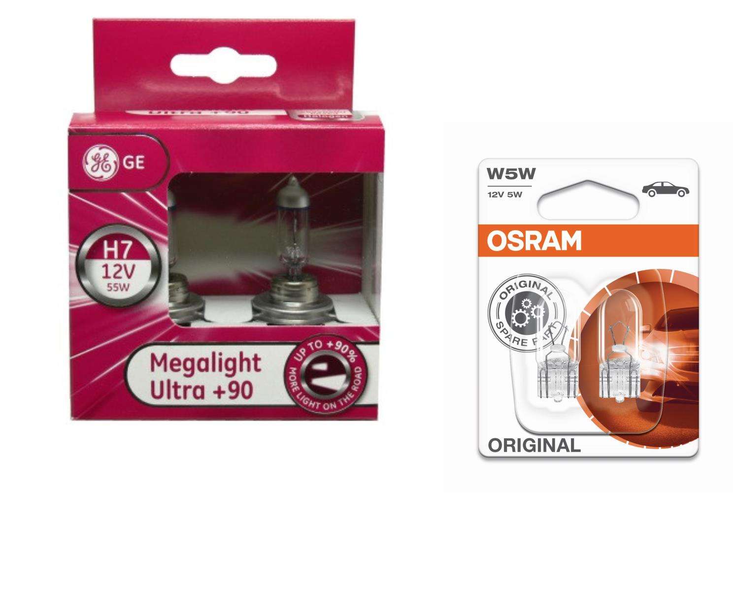 H7 MegaLight Ultra +90% bis 90% mehr Licht Autolampe 2St GE + W5W Osram ...